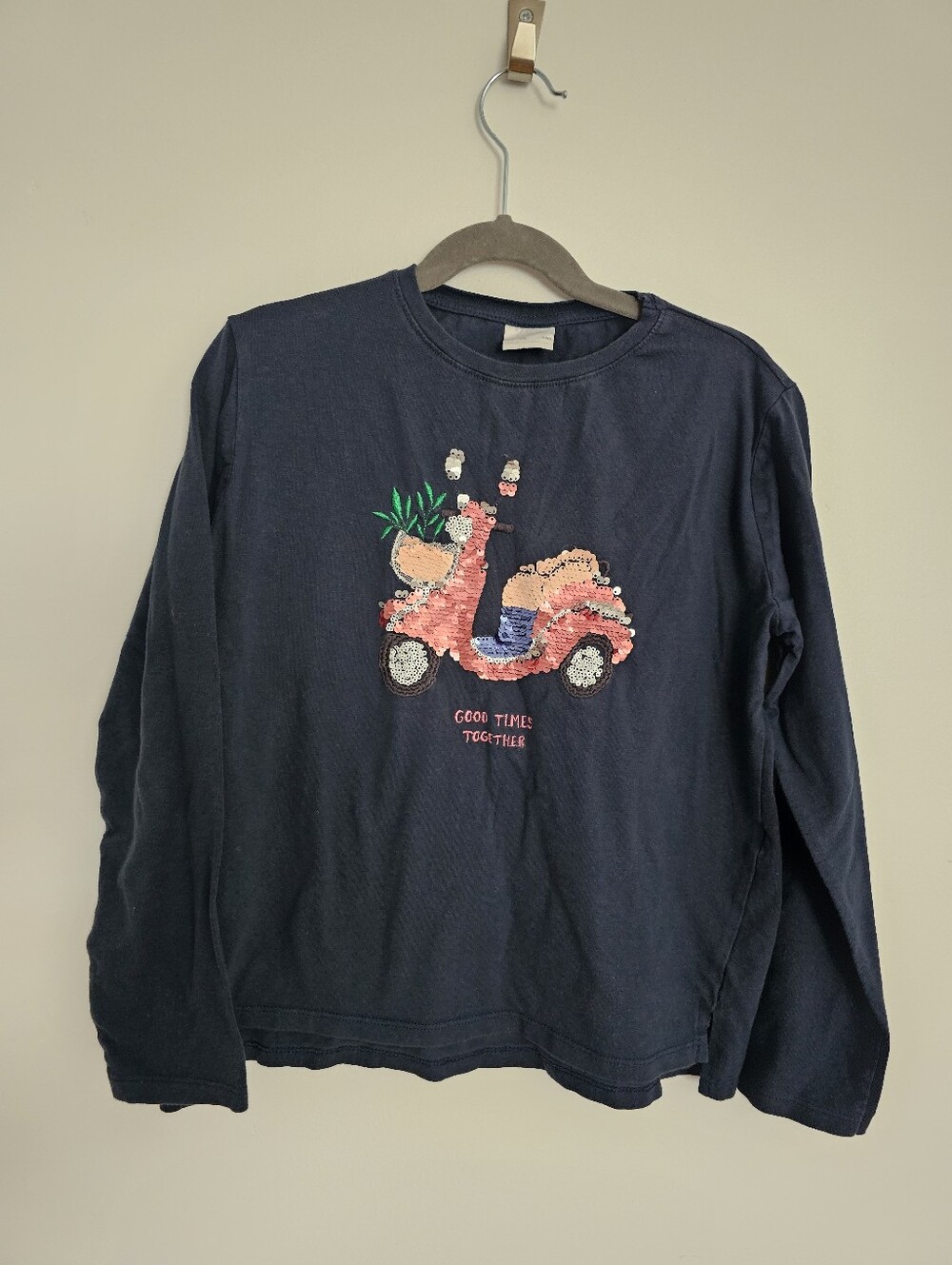🧸2/20$ Zara Size 10 Girl Navy Blue Sequins Scooter Long Sleeve Tee